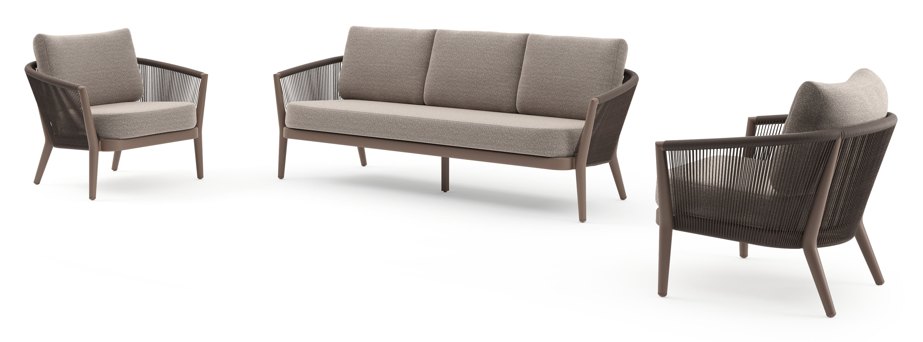 Salon de jardin Orso en aluminium taupe en corde ronde tissée verticalement noir et coussins en all weather sunbrella® luxe Wander Manioc