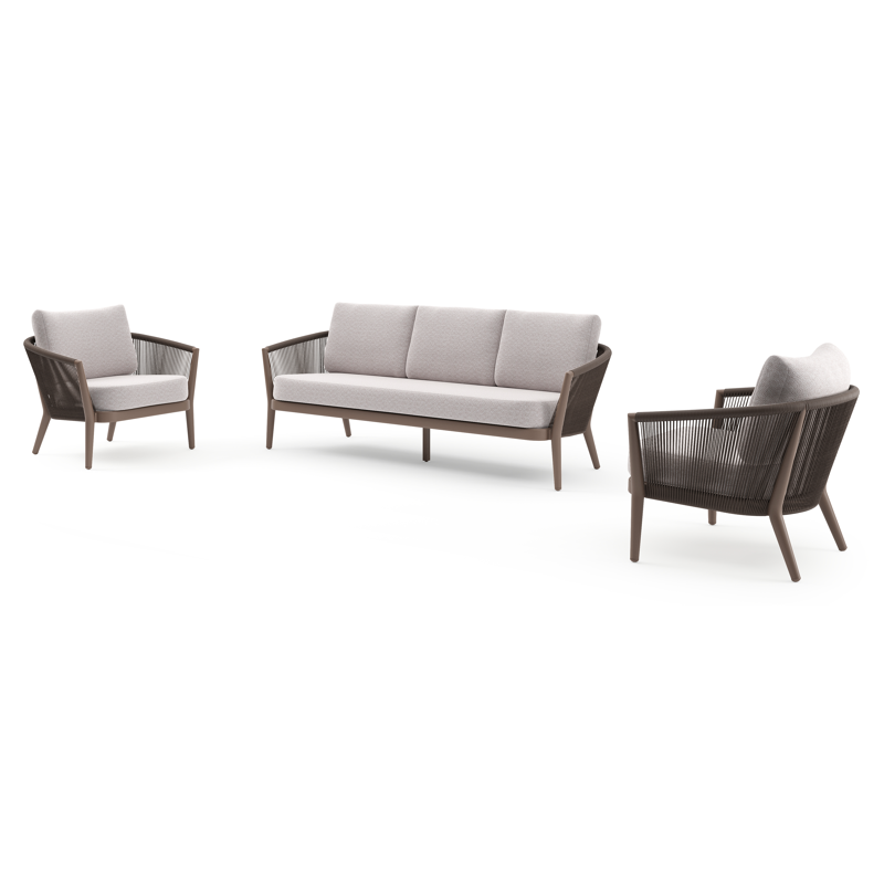 Orso loungeset in taupe aluminiumen zwart verticaal geweven ronde rope met Wander Gobi all weather sunbrella® luxe kussen