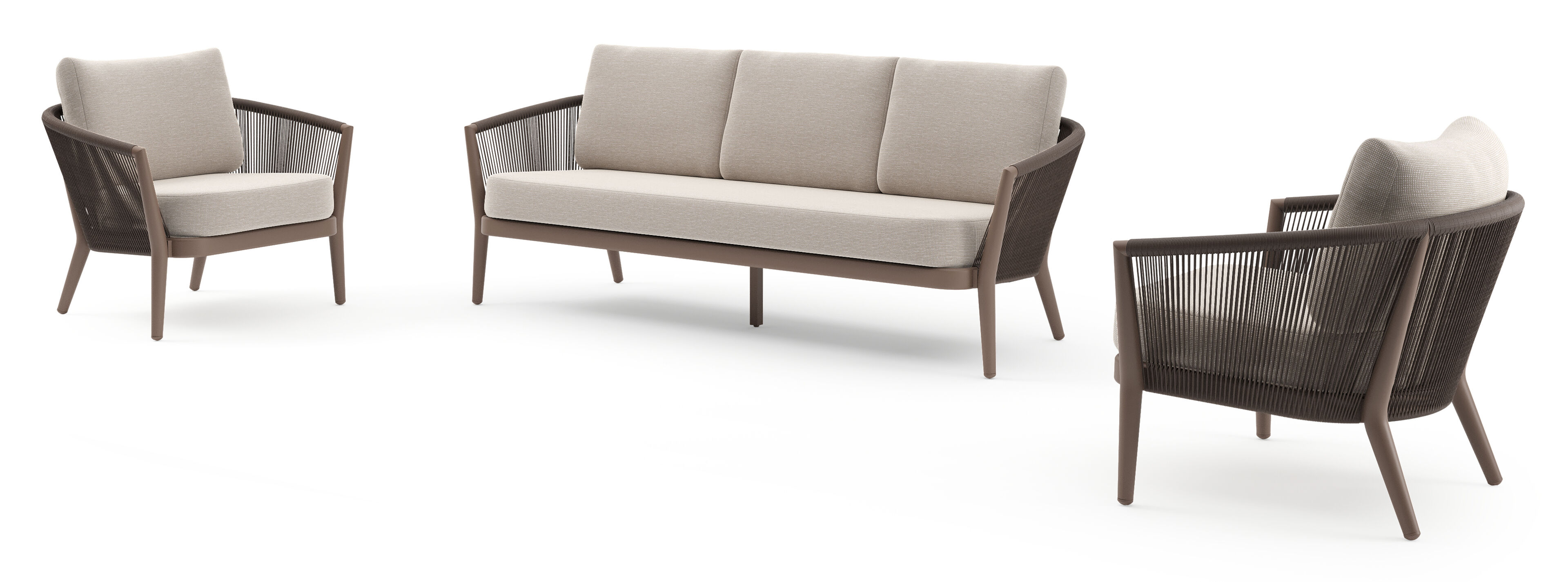 Salon de jardin Orso en aluminium taupe en corde ronde tissée verticalement noir et coussins en all weather sunbrella® luxe Slow Farafra