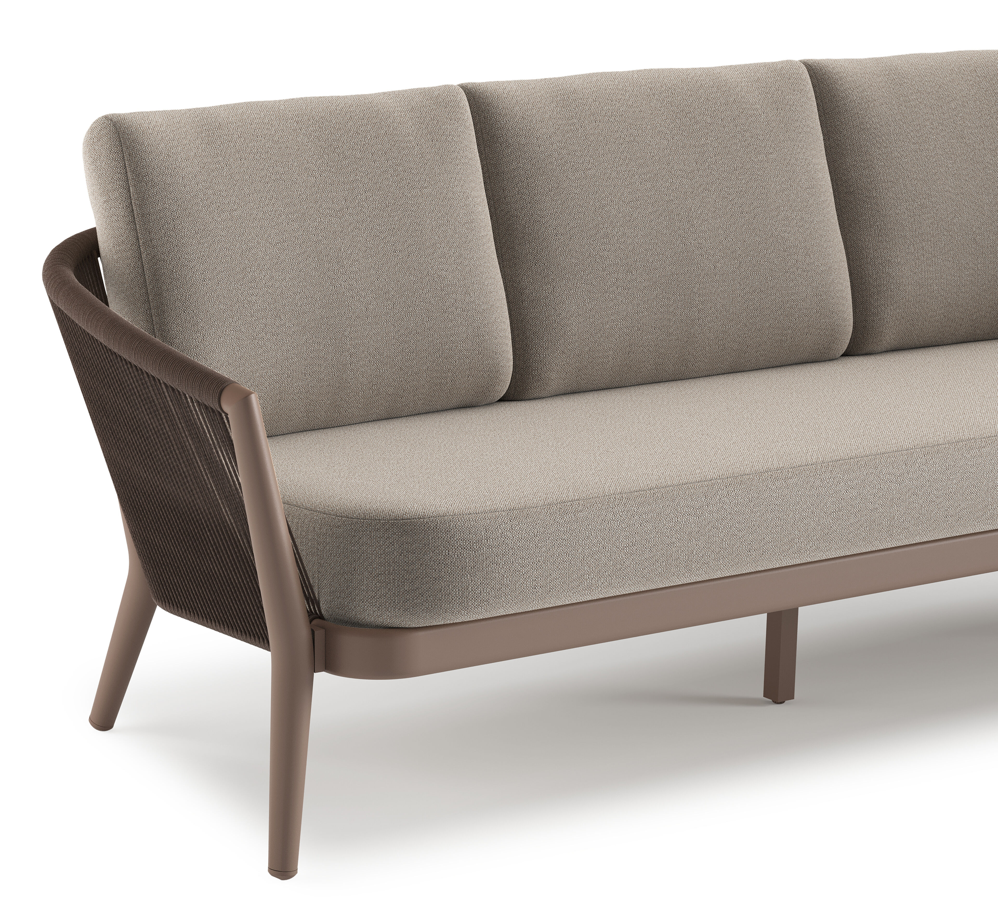 Orso loungeset in taupe aluminiumen zwart verticaal geweven ronde rope met Savane Coconut all weather sunbrella® luxe kussen