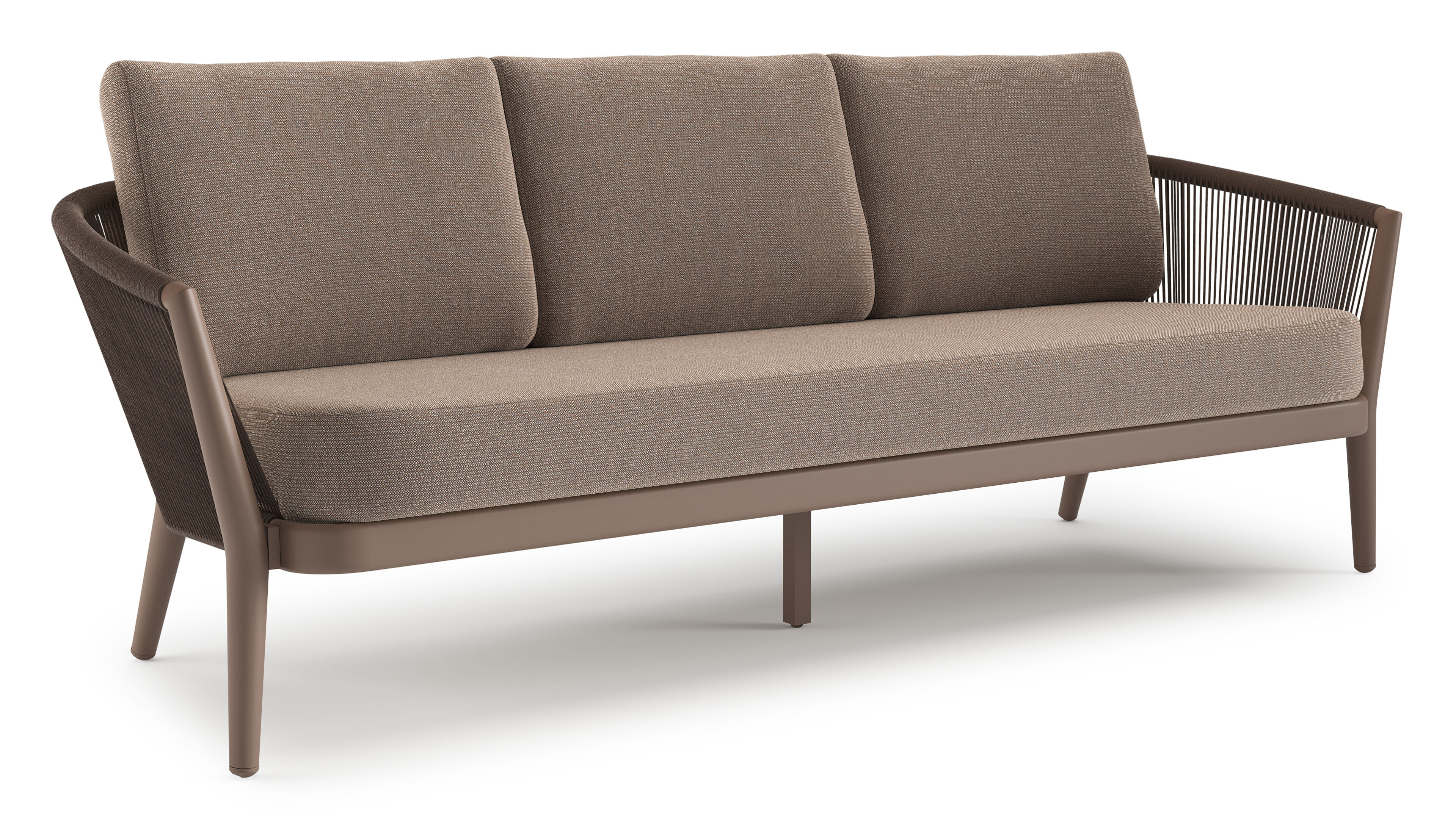 Canapé de jardin Orso en aluminium taupe en corde ronde tissée verticalement noir et coussins en all weather sunbrella® luxe Savane Earth