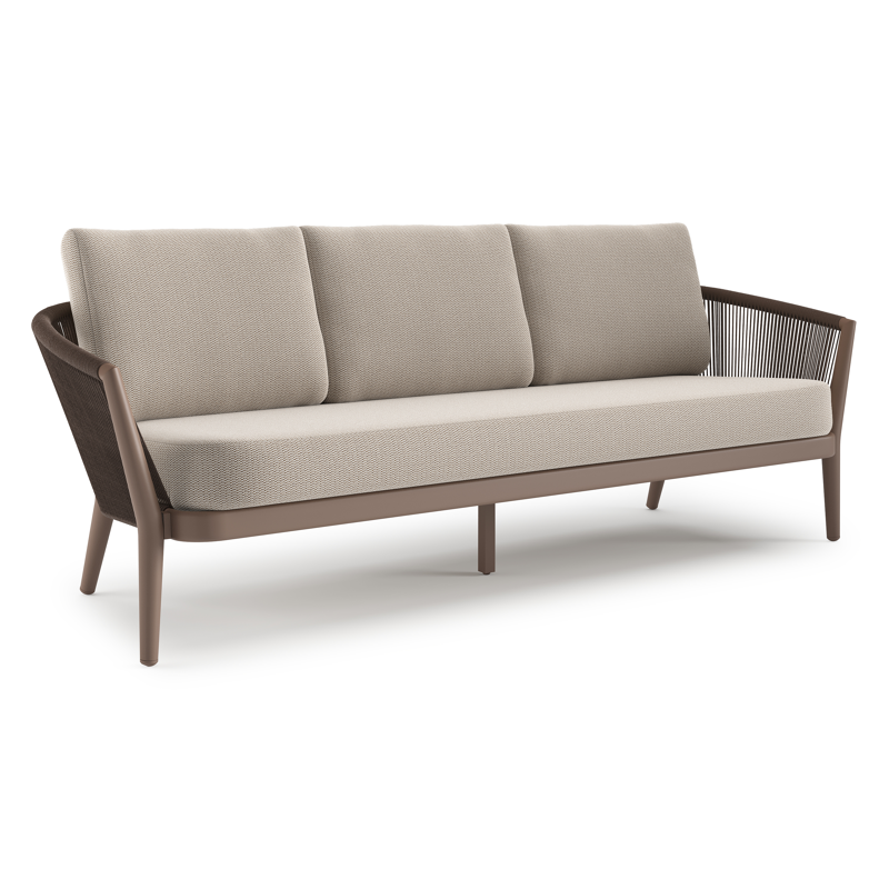 Canapé de jardin Orso en aluminium taupe en corde ronde tissée verticalement noir et coussins en all weather sunbrella® luxe Lopi Fossil