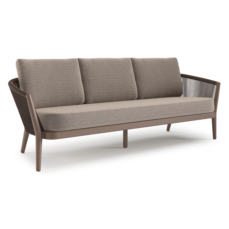 Canapé de jardin Orso en aluminium taupe en corde ronde tissée verticalement noir et coussins en all weather sunbrella® luxe Wander Manioc