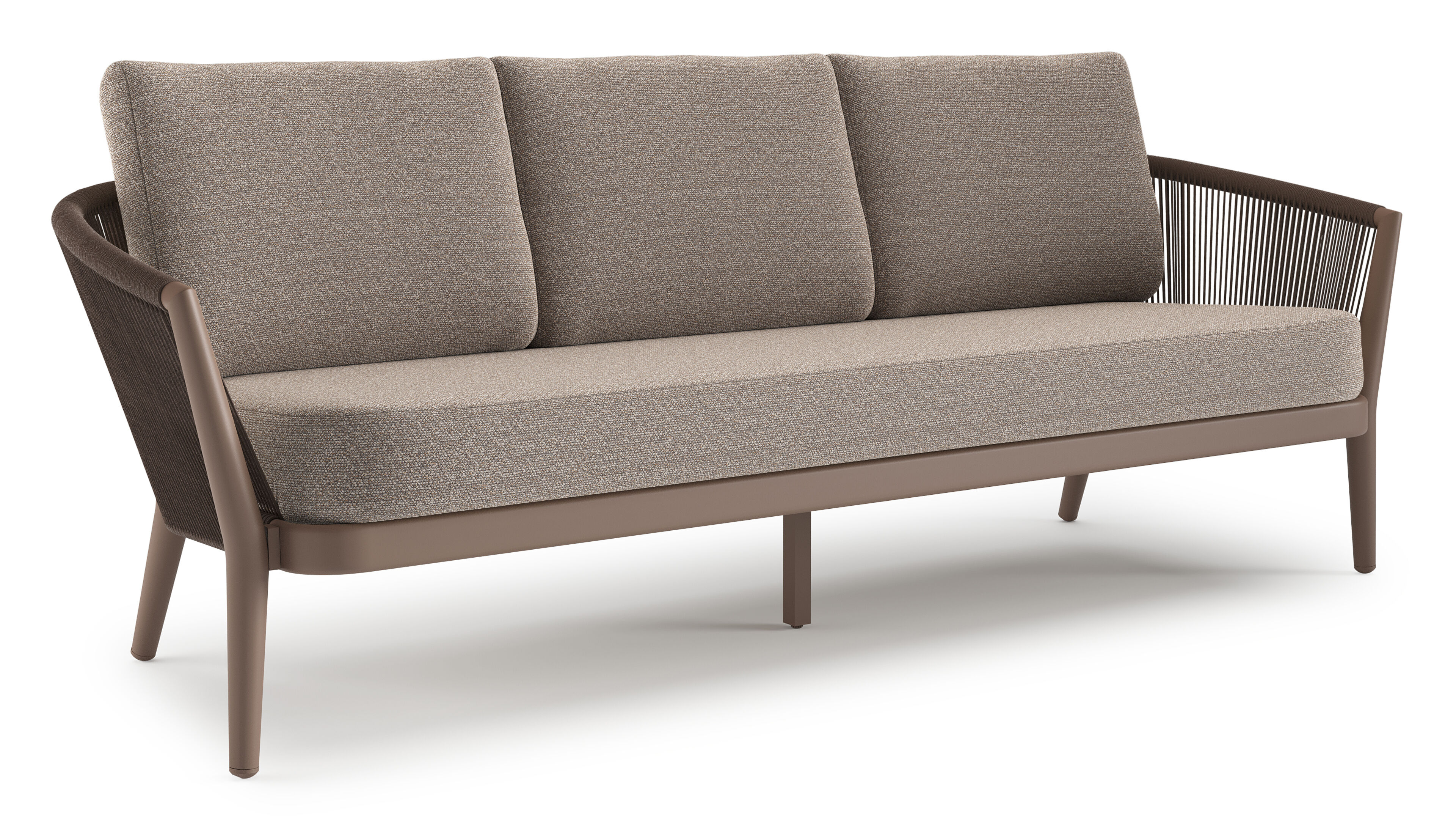Canapé de jardin Orso en aluminium taupe en corde ronde tissée verticalement noir et coussins en all weather sunbrella® luxe Wander Manioc