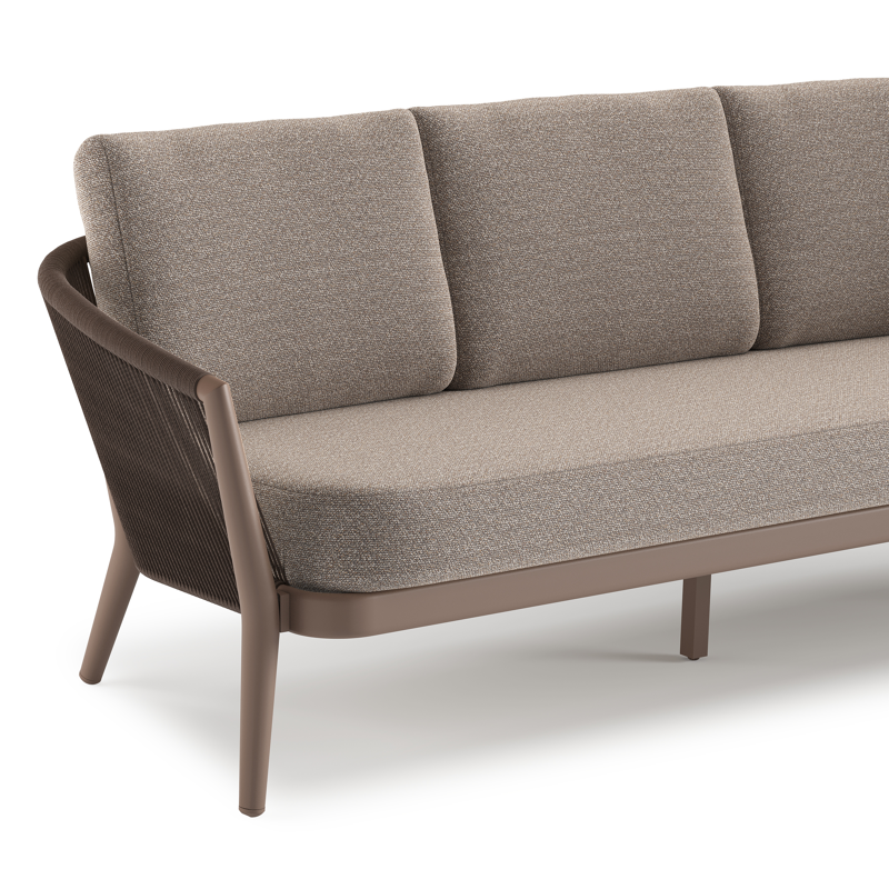 Canapé de jardin Orso en aluminium taupe en corde ronde tissée verticalement noir et coussins en all weather sunbrella® luxe Wander Manioc