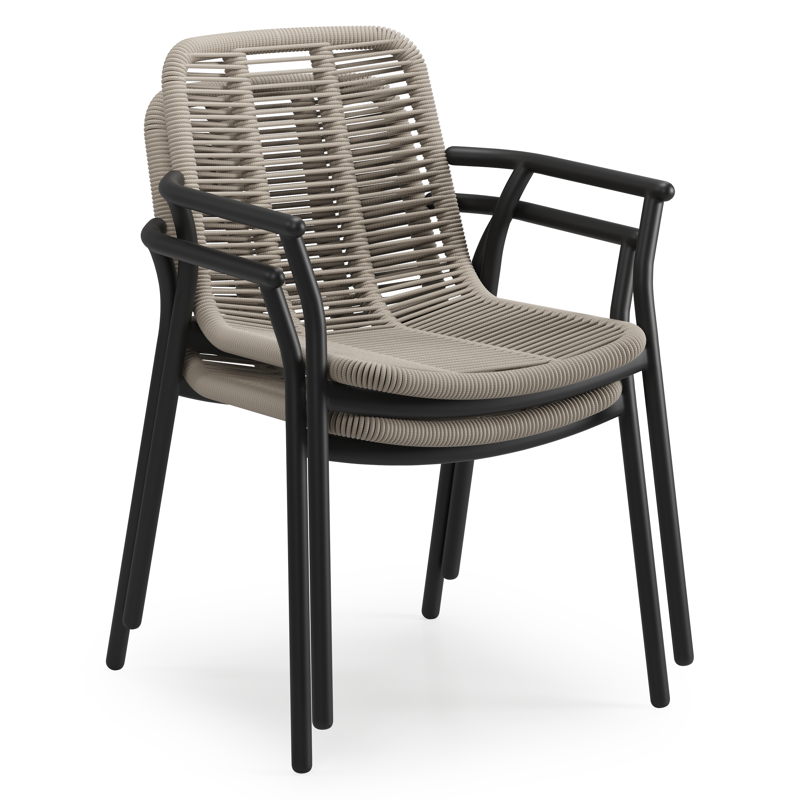 Berga tuinstoel in zwart aluminium en beige verticaal geweven ronde rope