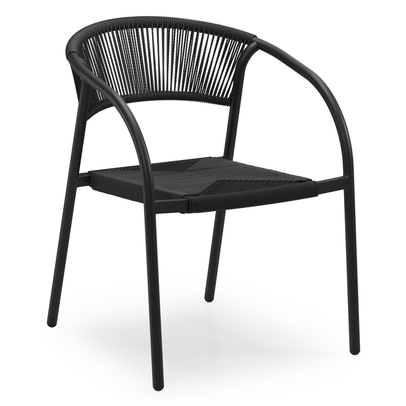 Melo stapelbare tuinstoel in zwart aluminium en zwart gedraaide ronde wicker