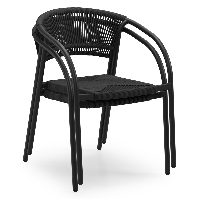 Melo stapelbare tuinstoel in zwart aluminium en zwart gedraaide ronde wicker