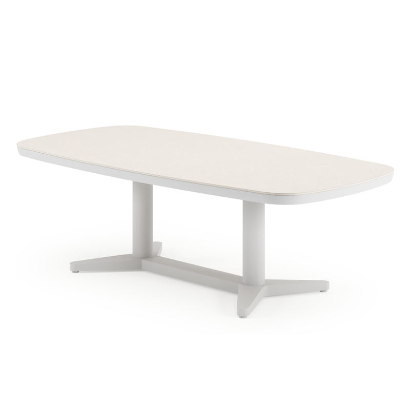 Tarsia tuintafel bootvorm in wit aluminium en beige sintered stone - L 180 x B 90 x H 74.5 cm