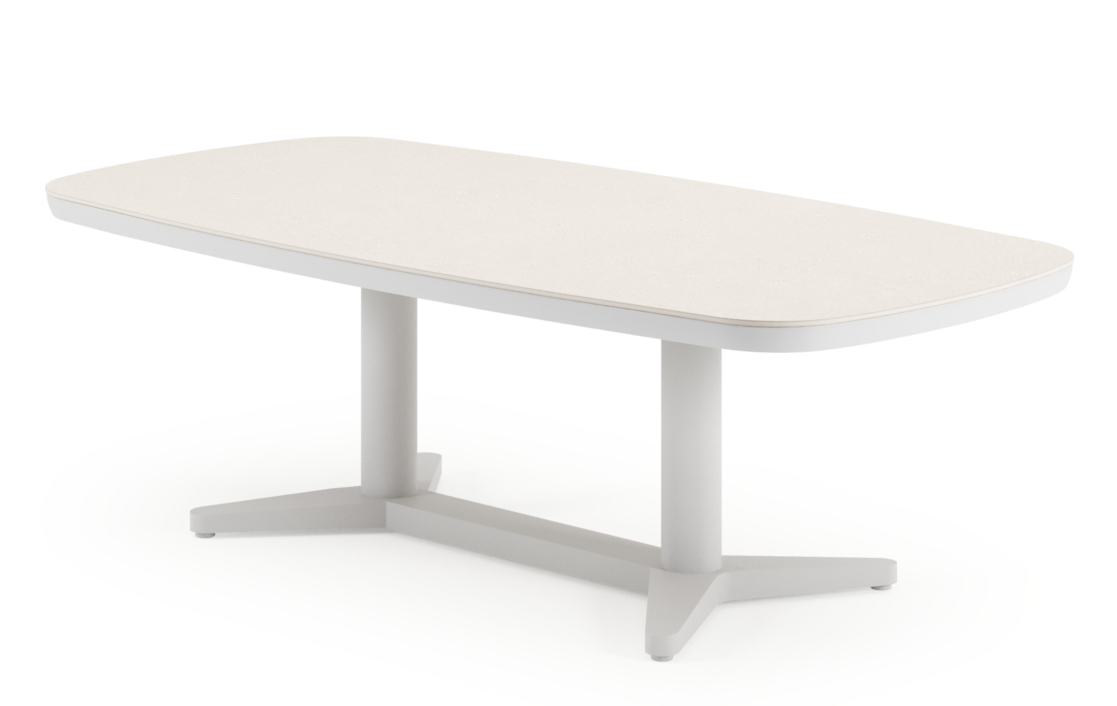 Tarsia tuintafel bootvorm in wit aluminium en beige sintered stone - L 180 x B 90 x H 74.5 cm