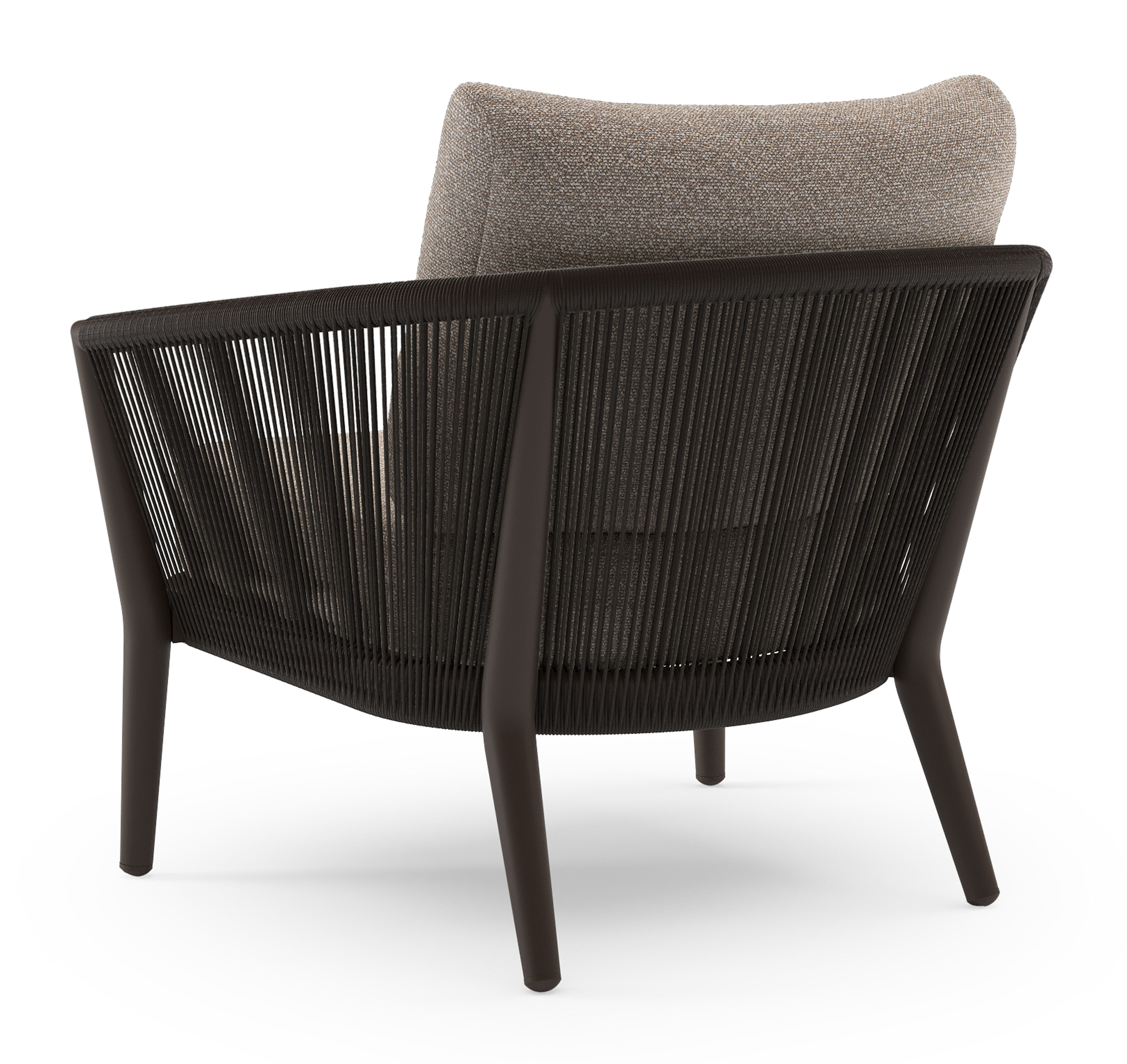Fauteuil de jardin Orso en aluminium brun foncé en corde ronde tissée verticalement brun foncé et coussins en all weather sunbrella® luxe Wander Manioc