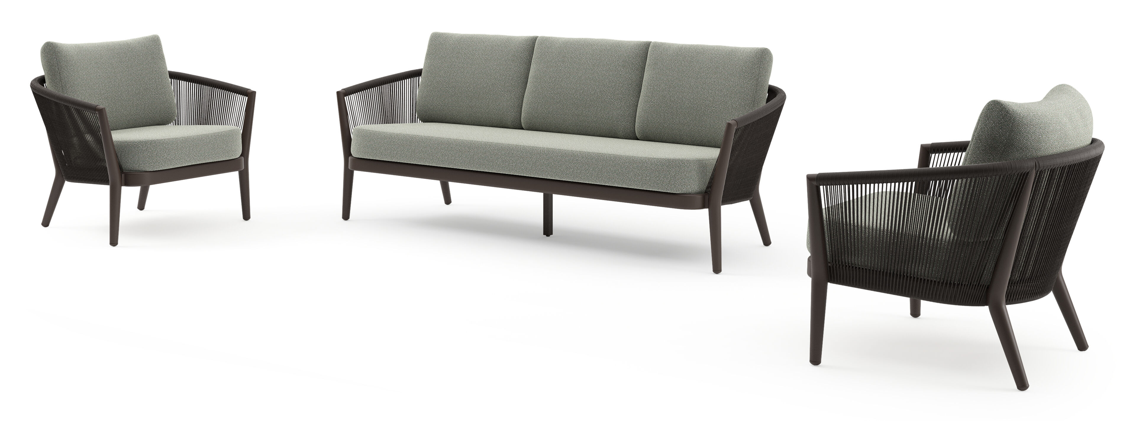 Orso loungeset in donkerbruin aluminium en donkerbruin verticaal geweven ronde rope met Savane Leaf all weather sunbrella® luxe kussen