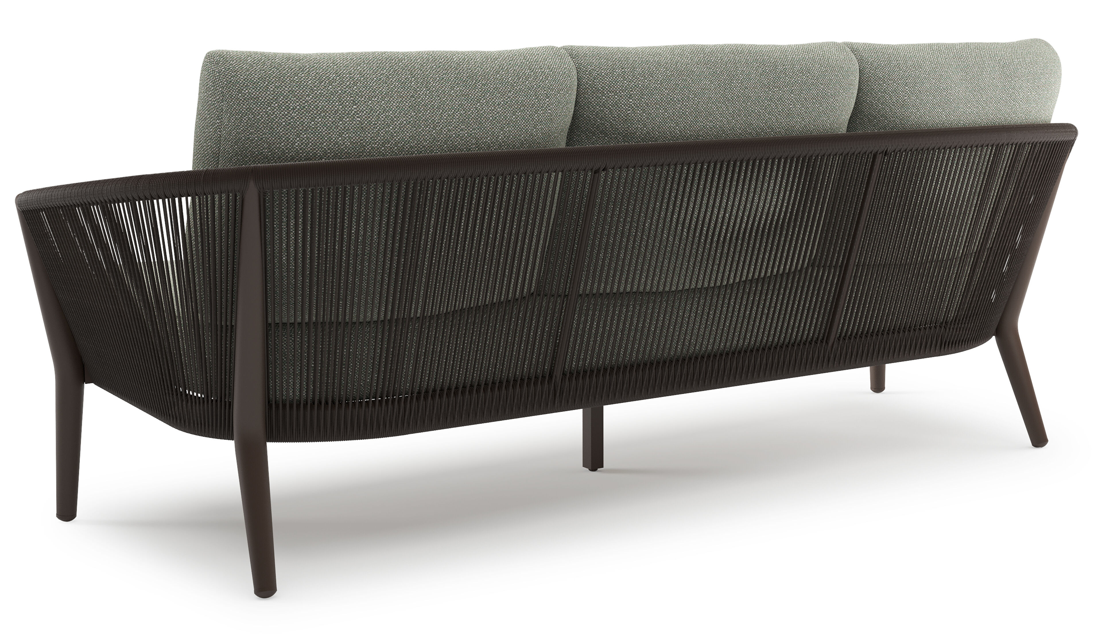 Orso loungeset in donkerbruin aluminium en donkerbruin verticaal geweven ronde rope met Savane Leaf all weather sunbrella® luxe kussen