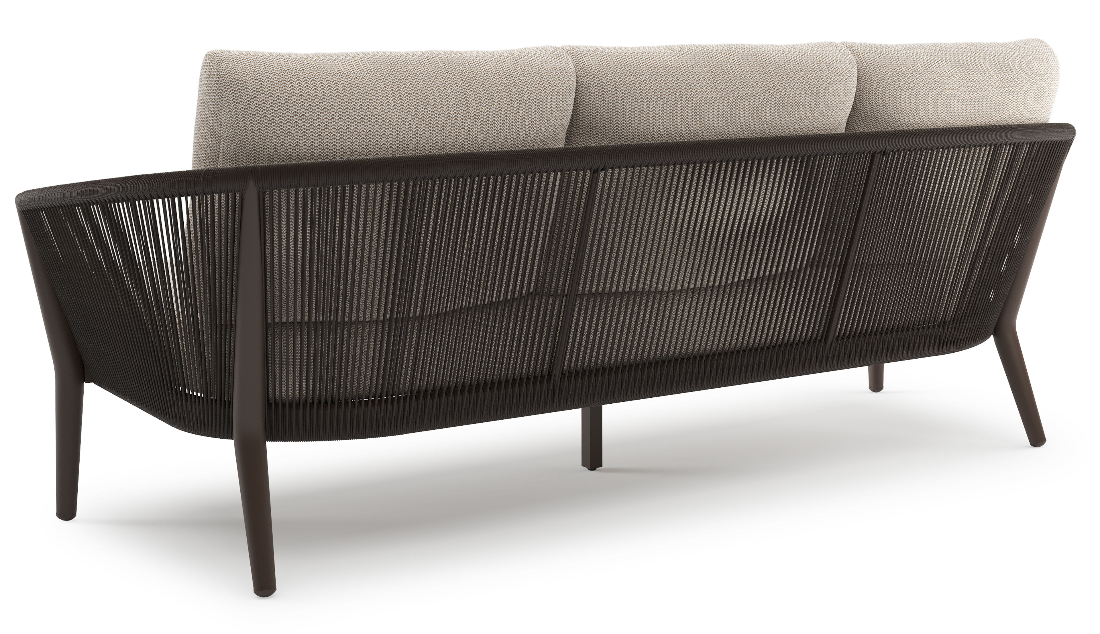 Orso loungeset in donkerbruin aluminium en donkerbruin verticaal geweven ronde rope met Lopi Fossil all weather sunbrella® luxe kussen