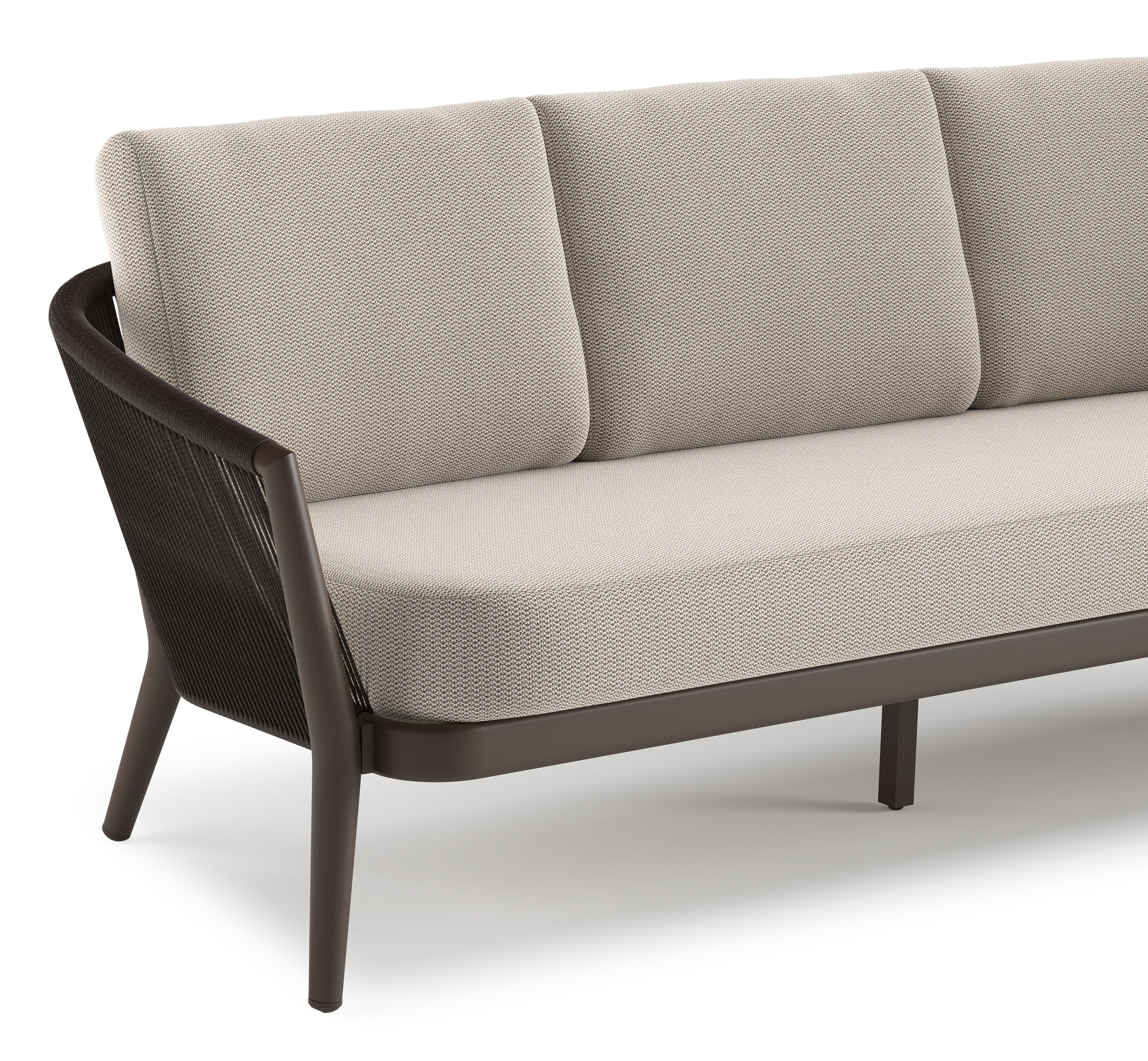 Orso loungeset in donkerbruin aluminium en donkerbruin verticaal geweven ronde rope met Lopi Fossil all weather sunbrella® luxe kussen