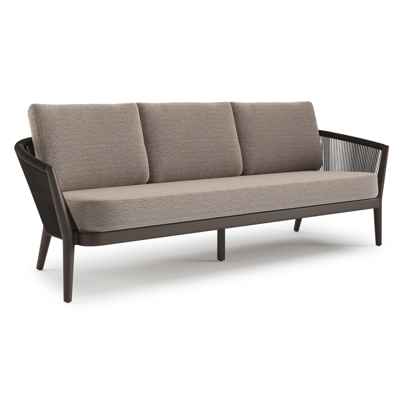 Orso loungebank in donkerbruin aluminium en donkerbruin verticaal geweven ronde rope met Wander Manioc all weather sunbrella® luxe kussen