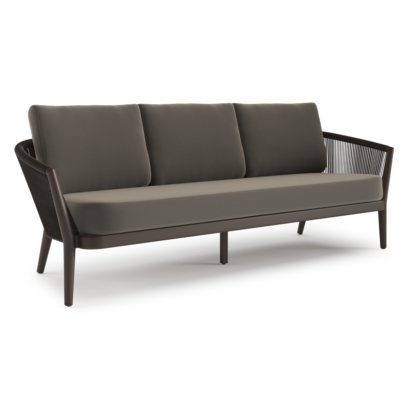 Canapé de jardin Orso en aluminium brun foncé en corde ronde tissée verticalement brun foncé et coussins en all weather sunbrella® luxe Natte Carbon Beige