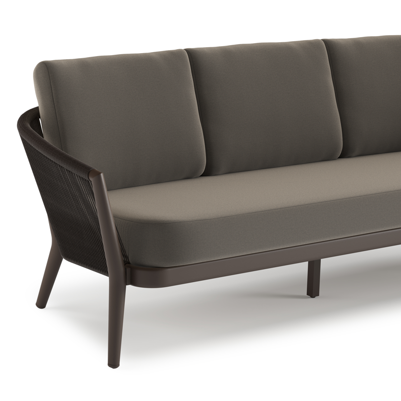 Canapé de jardin Orso en aluminium brun foncé en corde ronde tissée verticalement brun foncé et coussins en all weather sunbrella® luxe Natte Carbon Beige