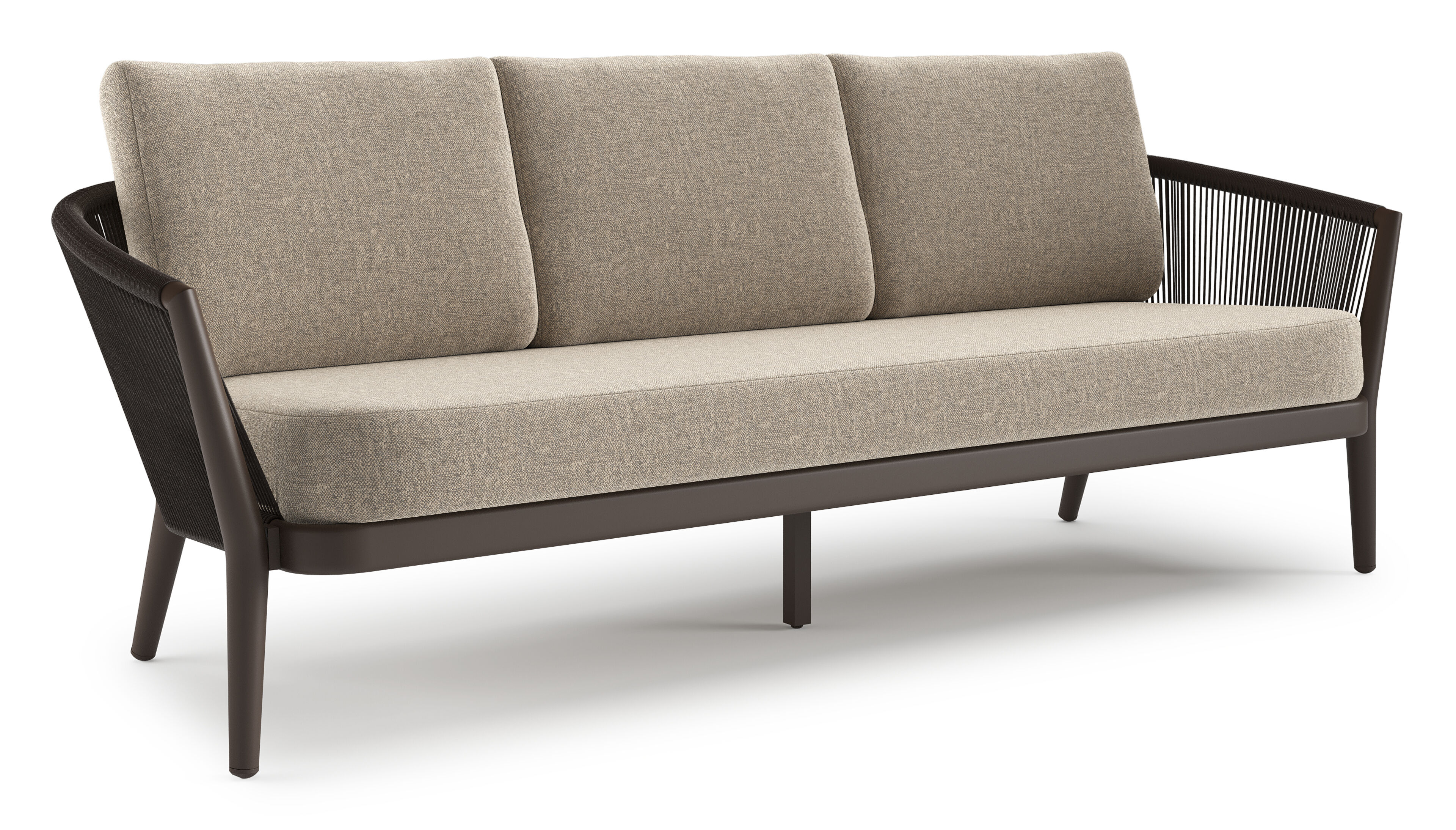 Orso loungebank in donkerbruin aluminium en donkerbruin verticaal geweven ronde rope met Chartres Pewter all weather sunbrella® luxe kussen