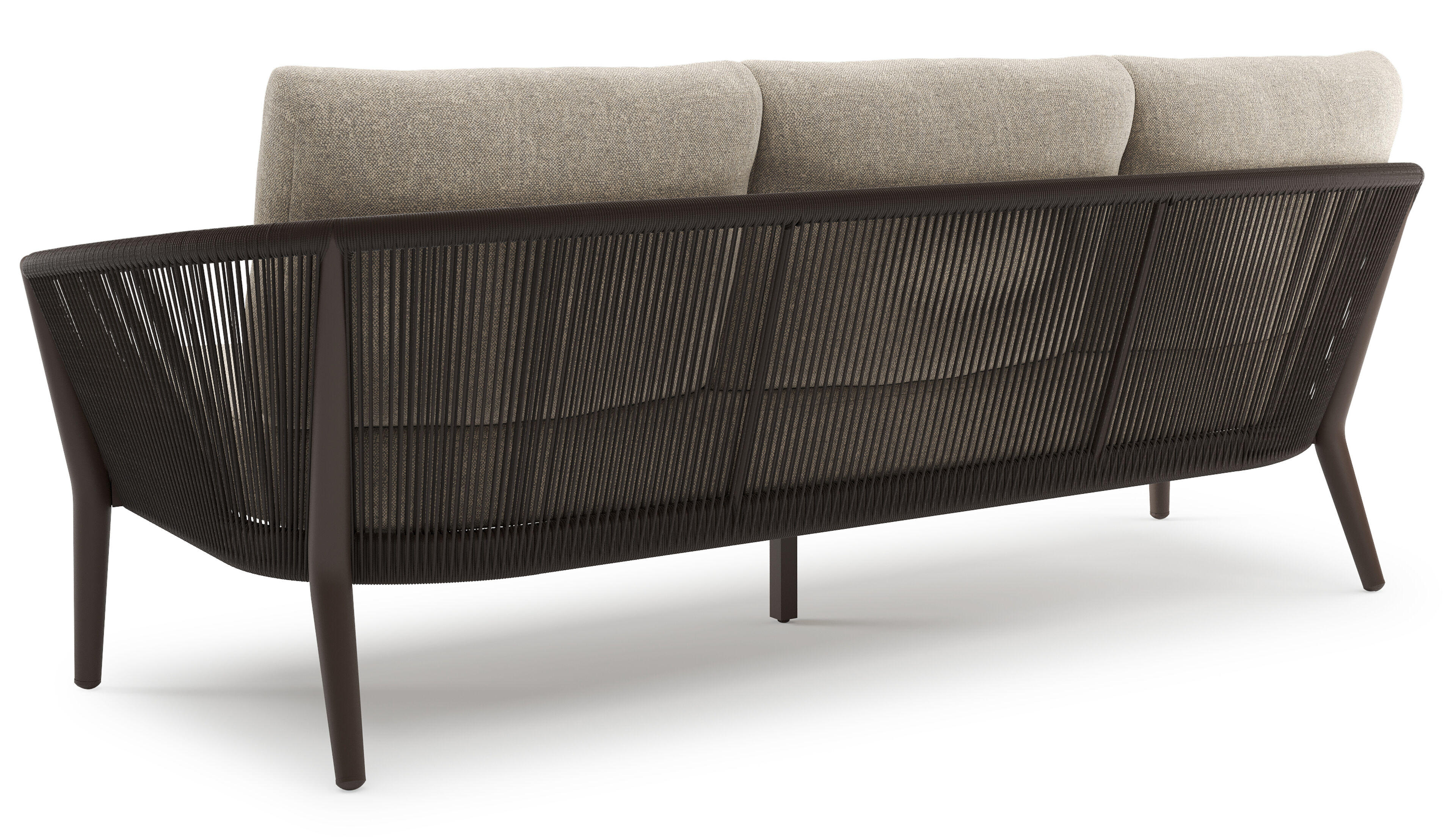 Orso loungebank in donkerbruin aluminium en donkerbruin verticaal geweven ronde rope met Chartres Pewter all weather sunbrella® luxe kussen