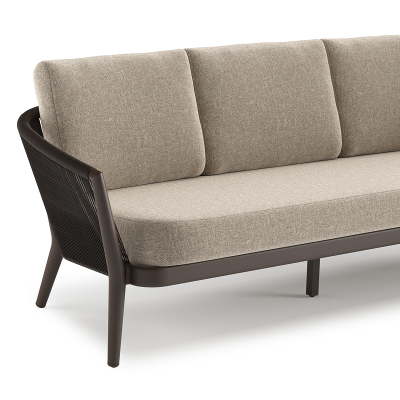 Orso loungebank in donkerbruin aluminium en donkerbruin verticaal geweven ronde rope met Chartres Pewter all weather sunbrella® luxe kussen