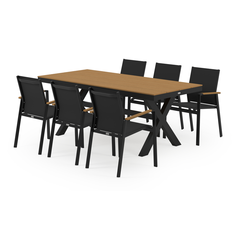 Bahia tuinset in zwart aluminium en polywood tafelblad met 6 stapelbare Bahia tuinstoelen