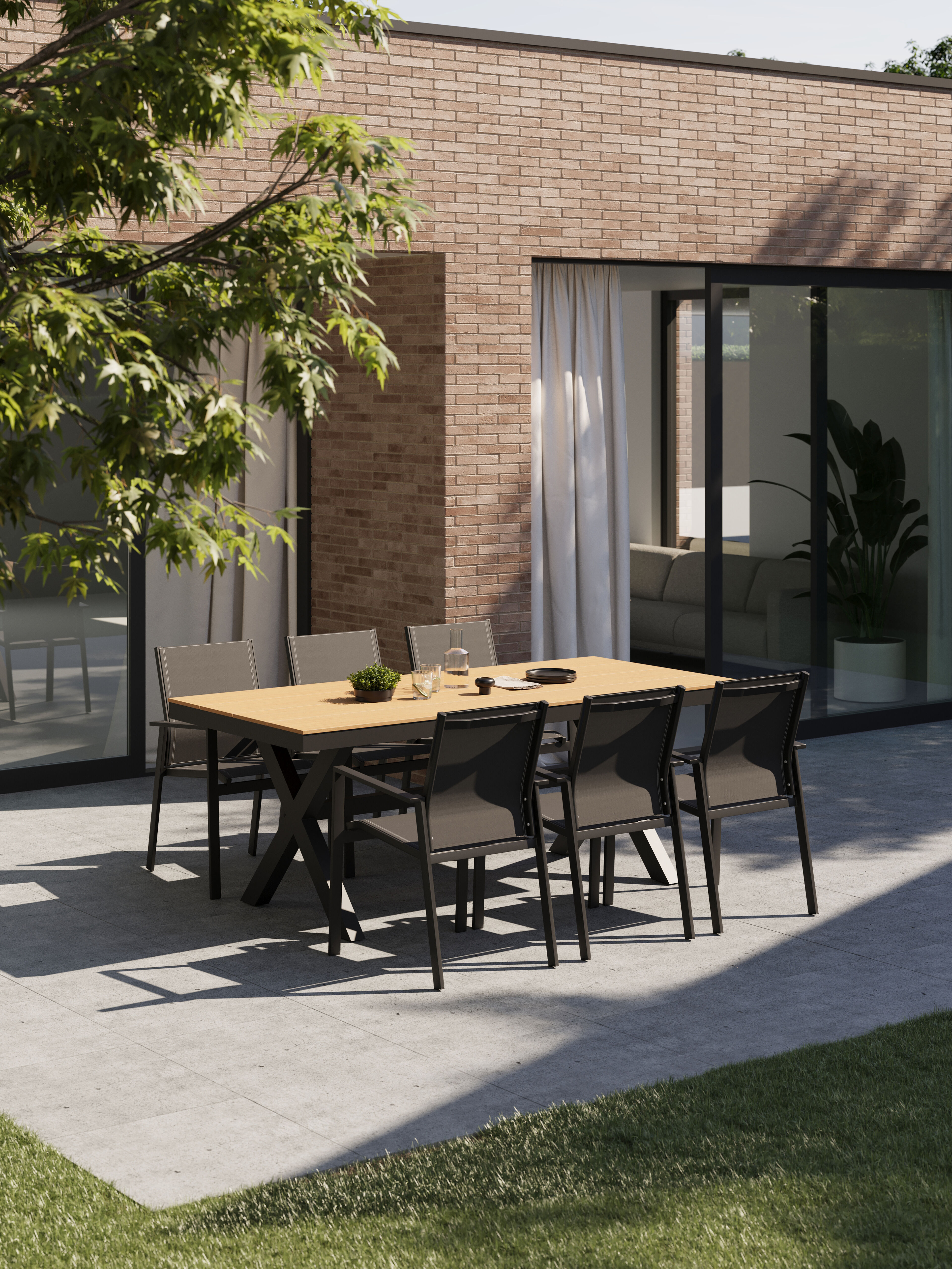 Bahia tuinset in zwart aluminium en polywood tafelblad met 6 stapelbare Bahia tuinstoelen