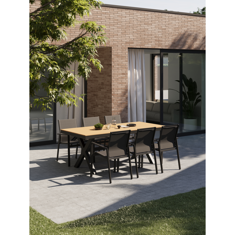 Bahia tuinset in zwart aluminium en polywood tafelblad met 6 stapelbare Bahia tuinstoelen