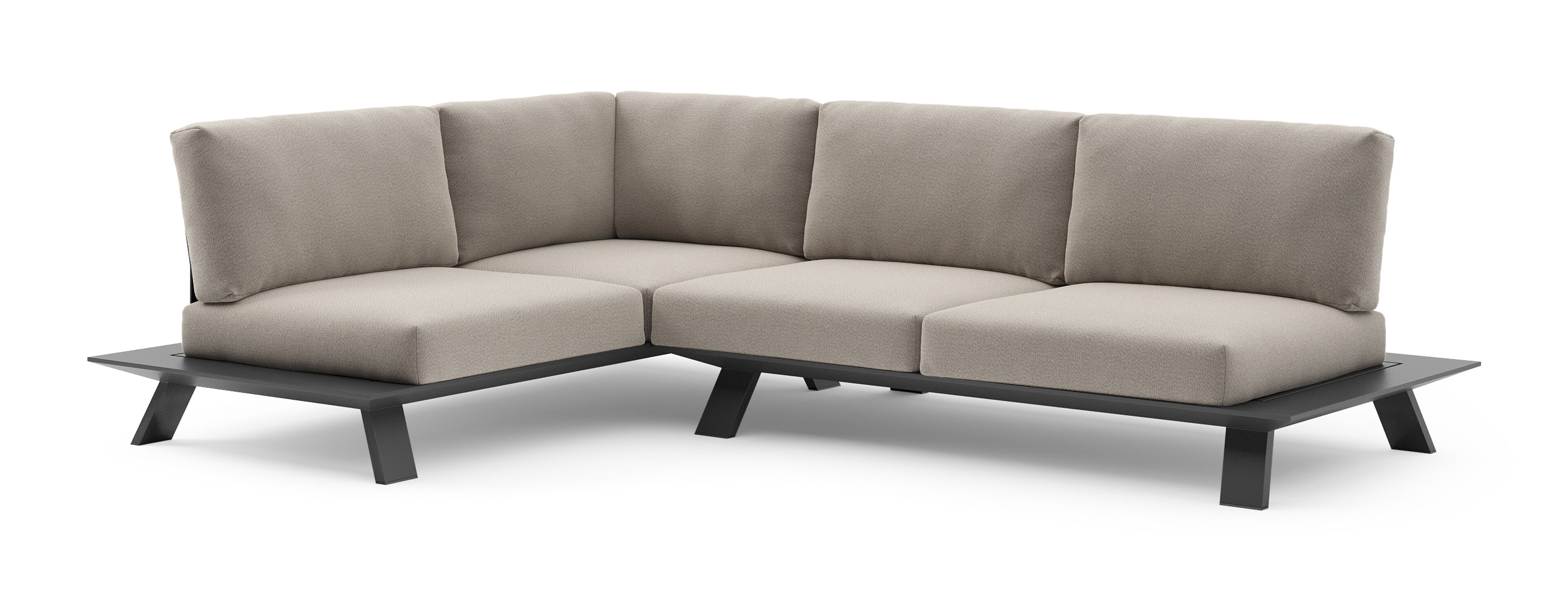 Salon de jardin d'angle Cesano en aluminium noir et coussin en all weather Sunbrella® luxe savane coconut