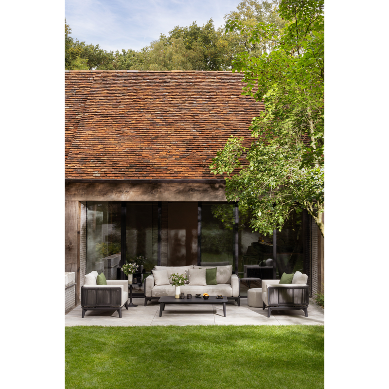 Mosa loungeset in zwart aluminium en zwart gedraaide ronde wicker met rustic weather+ softtouch kussens