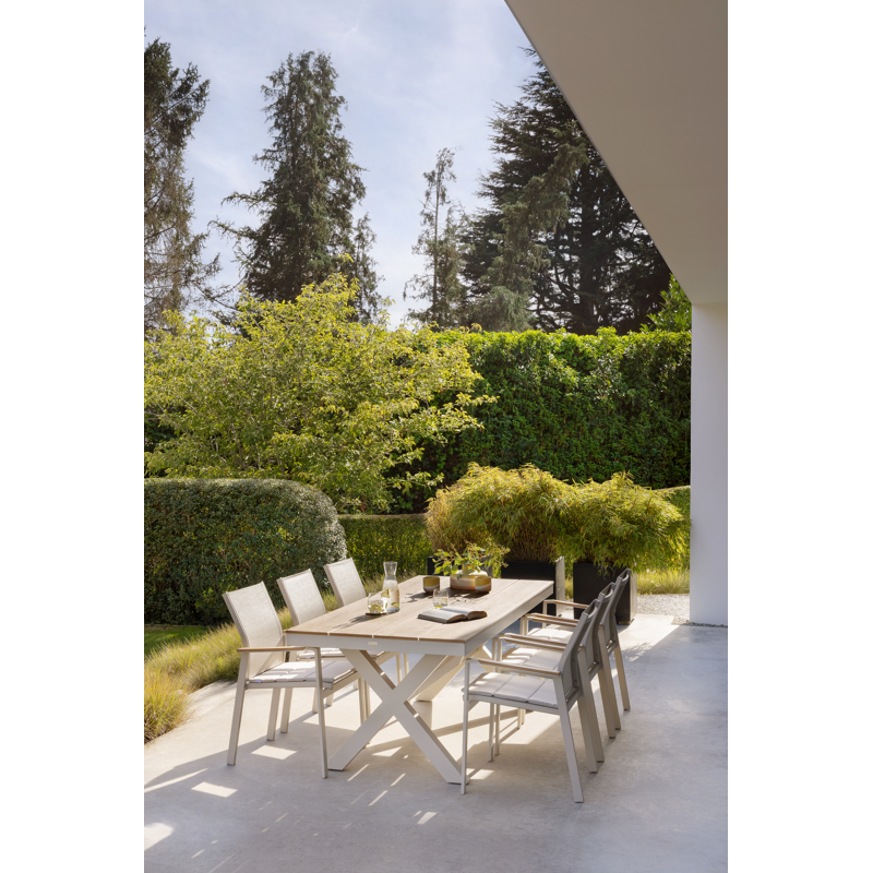 Bahia ensemble de jardin rectangulaire en aluminium beige et polywood avec 6 Bahia chaises de jardin