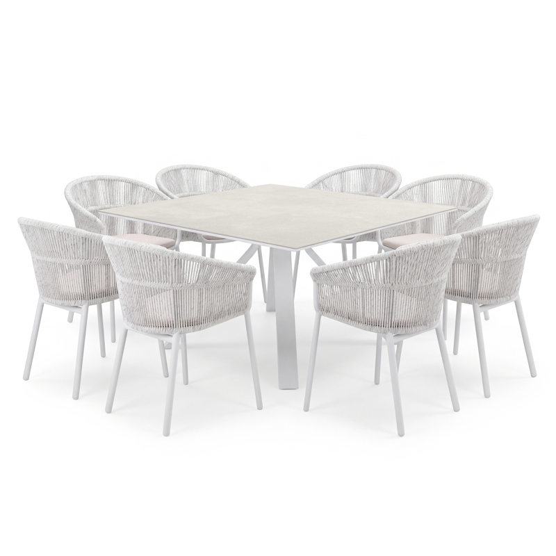 Cesano tuinset vierkant in wit aluminium en volkeramiek new york met 8 stapelbare Matera tuinstoelen