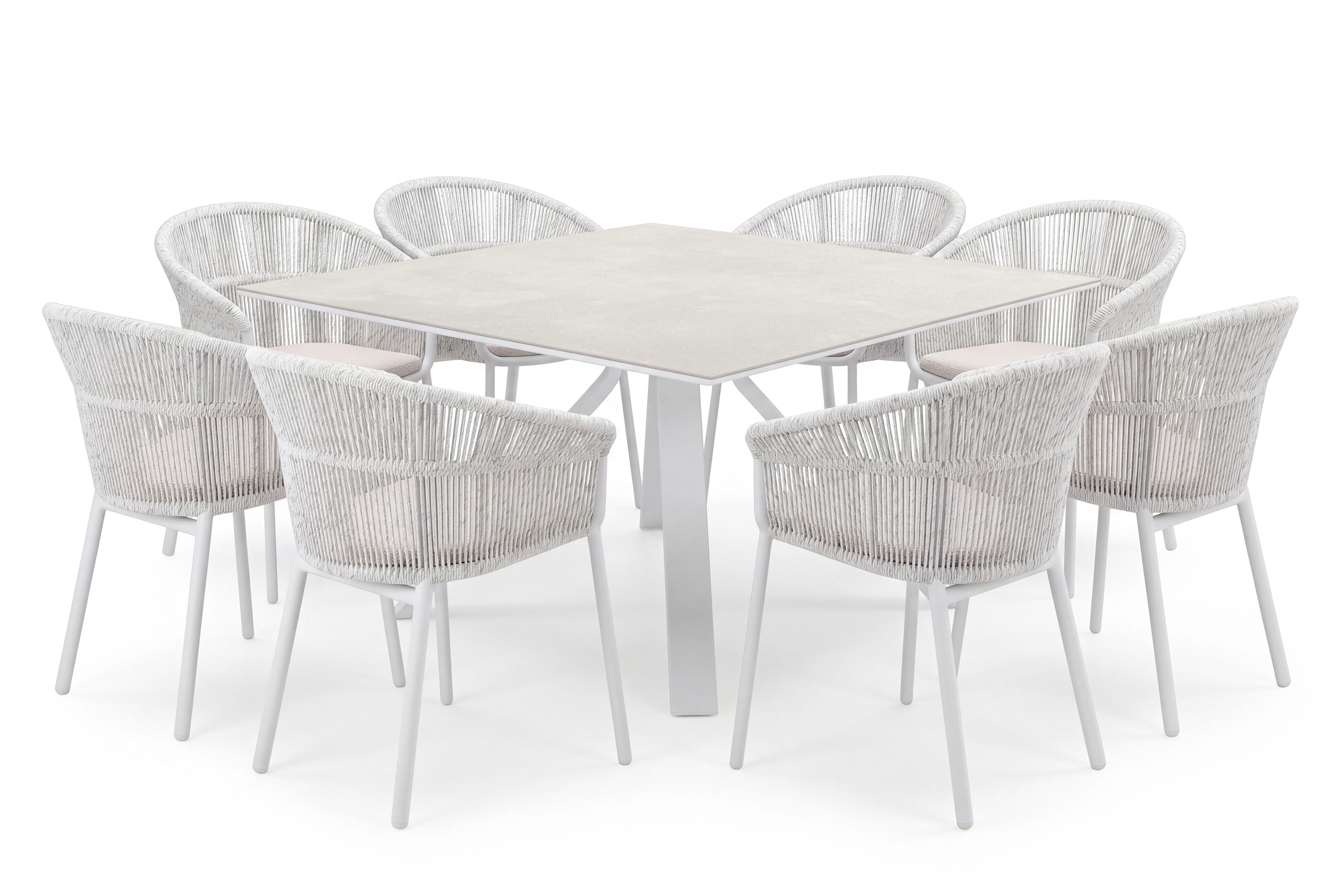 Cesano tuinset vierkant in wit aluminium en volkeramiek new york met 8 stapelbare Matera tuinstoelen