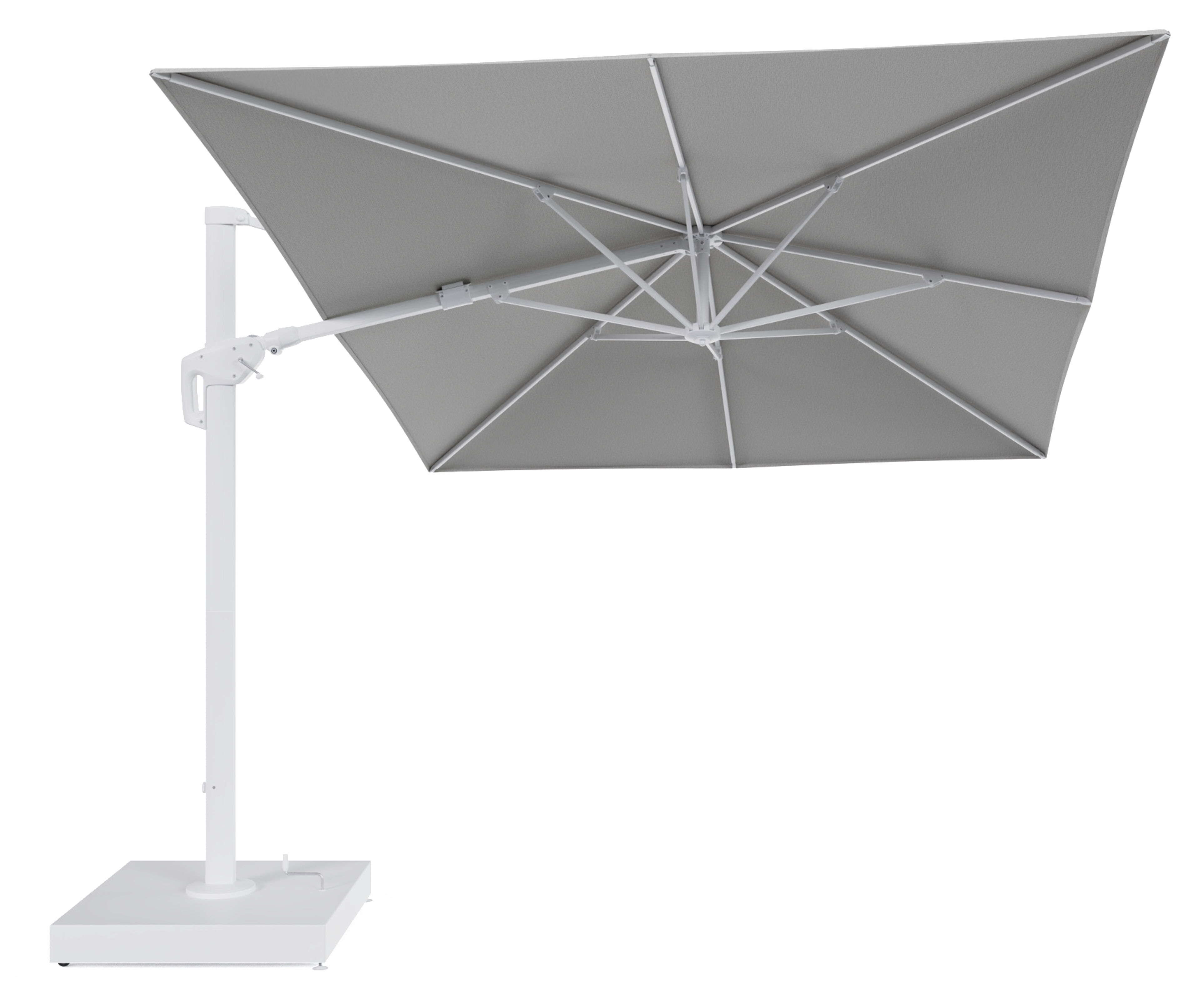 Minore zweefparasol met tiltfunctie in wit aluminium en All Weather Sunbrella Luxe Savane Nimbus - L1 400 x L2 300 cm met parasolvoet Minore 260 kg met wielen