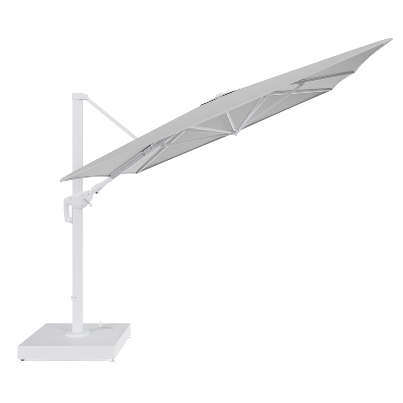 Minore zweefparasol met tiltfunctie in wit aluminium en All Weather Sunbrella Luxe Savane Nimbus - L1 400 x L2 300 cm met parasolvoet Minore 260 kg met wielen