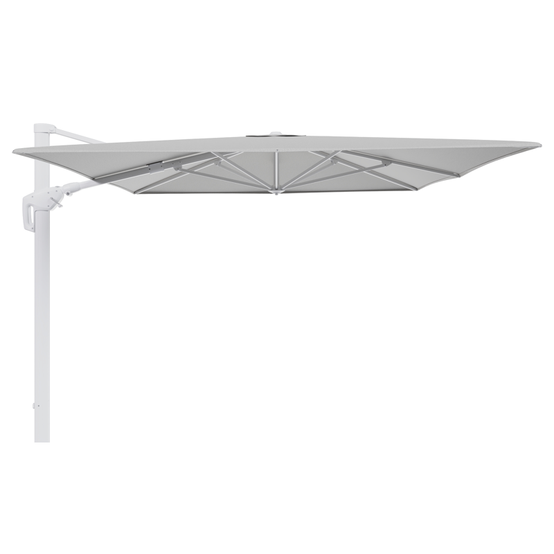 Parasol pendant Minore avec fonction tilt en aluminium blanc avec toile de parasol en all weather sunbrella® luxe savane nimbus - Lg.1 400 x Lg.2 300 cm (sans pied de parasol)