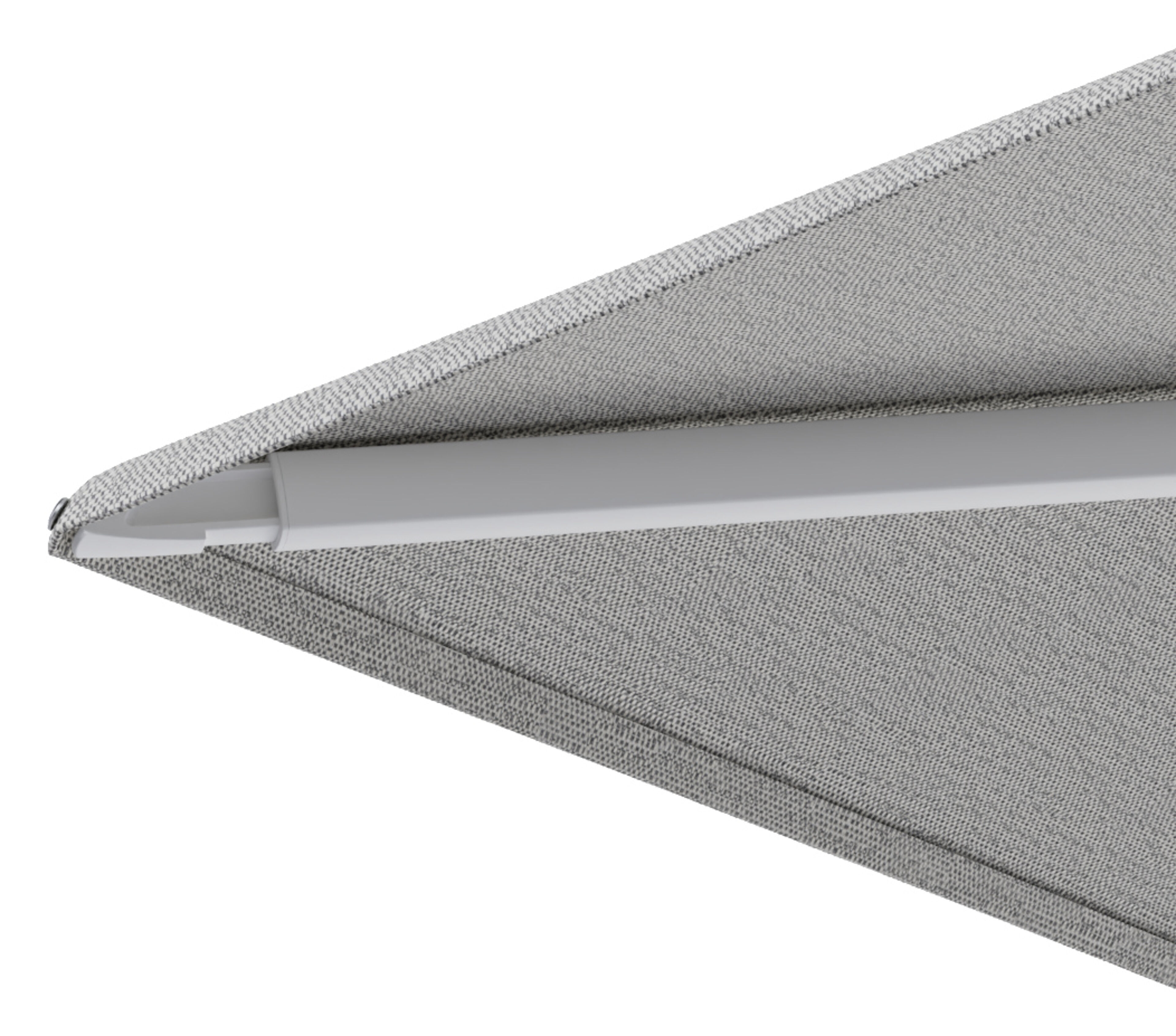 Minore zweefparasol met tiltfunctie in wit aluminium en All Weather Sunbrella Luxe Savane Nimbus - L1 400 x L2 300 cm met parasolvoet Minore 260 kg met wielen