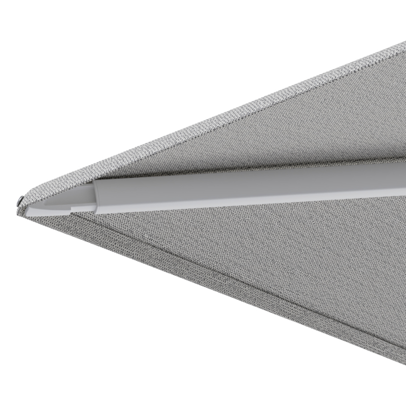 Minore zweefparasol met tiltfunctie in wit aluminium en All Weather Sunbrella Luxe Savane Nimbus - L1 400 x L2 300 cm met parasolvoet Minore 260 kg met wielen