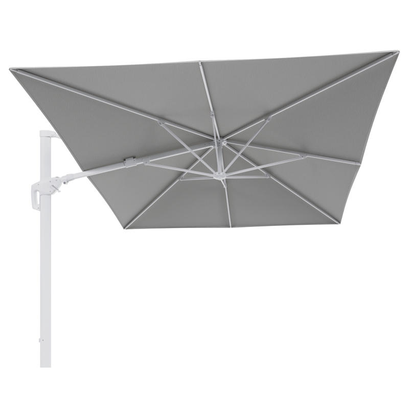 Parasol pendant Minore avec fonction tilt en aluminium blanc avec toile de parasol en all weather sunbrella® luxe savane nimbus - Lg.1 400 x Lg.2 300 cm (sans pied de parasol)
