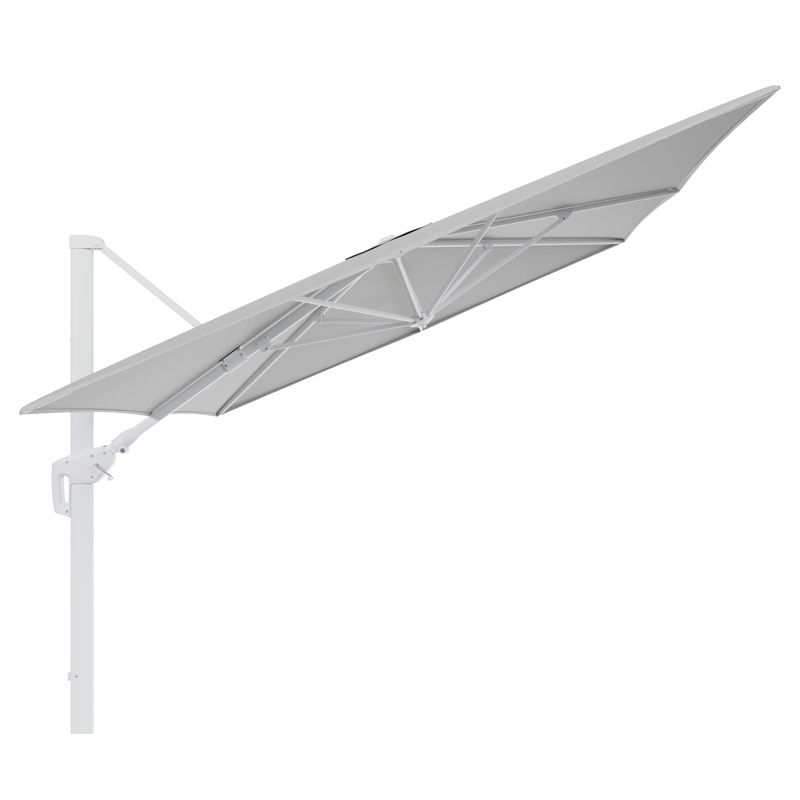 Parasol pendant Minore avec fonction tilt en aluminium blanc avec toile de parasol en all weather sunbrella® luxe savane nimbus - Lg.1 400 x Lg.2 300 cm (sans pied de parasol)