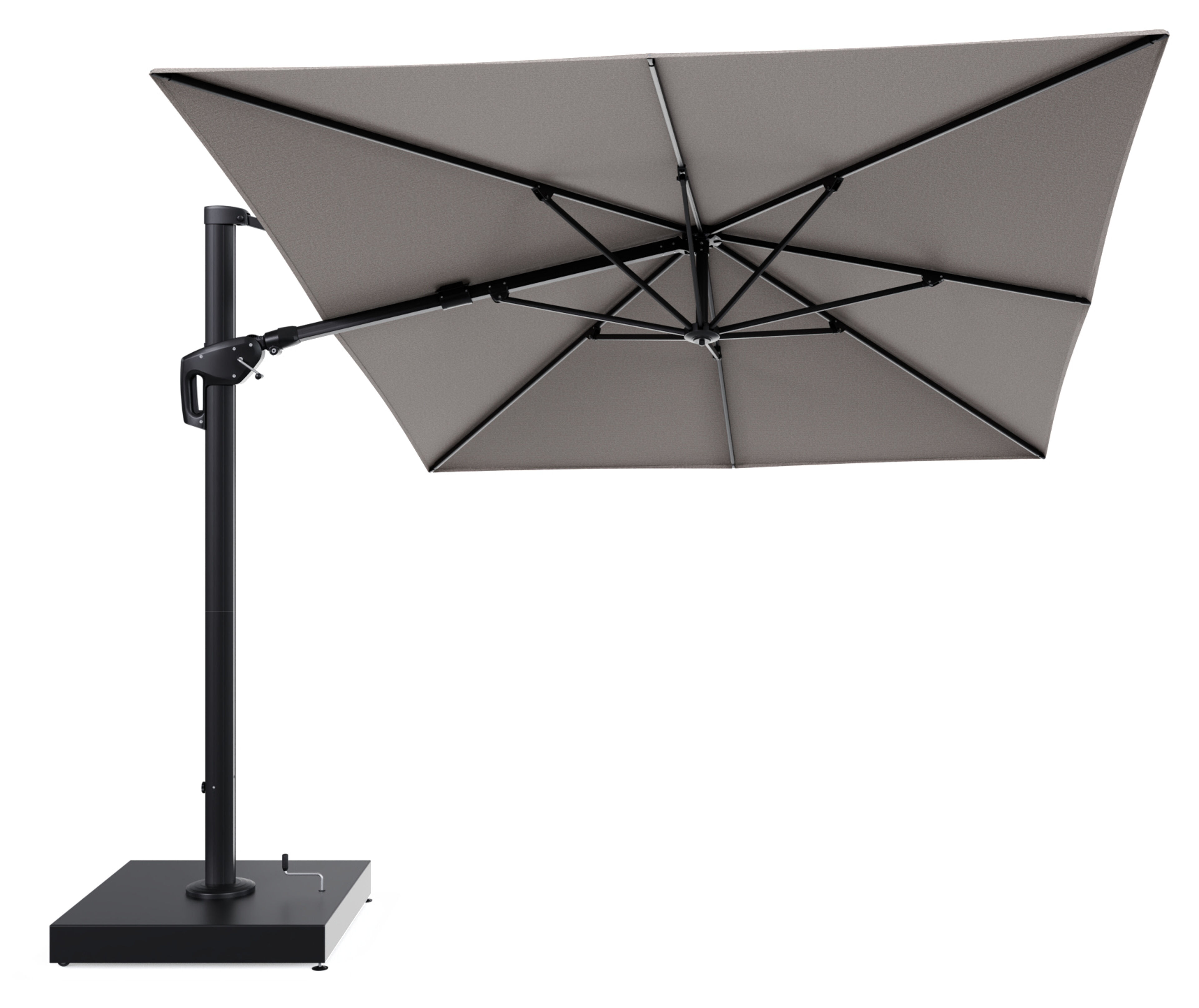 Minore zweefparasol met tiltfunctie in zwart aluminium en All Weather Sunbrella Luxe Wander Granite parasoldoek - L1 400 x L2 300 cm met parasolvoet Minore 260 kg met wielen
