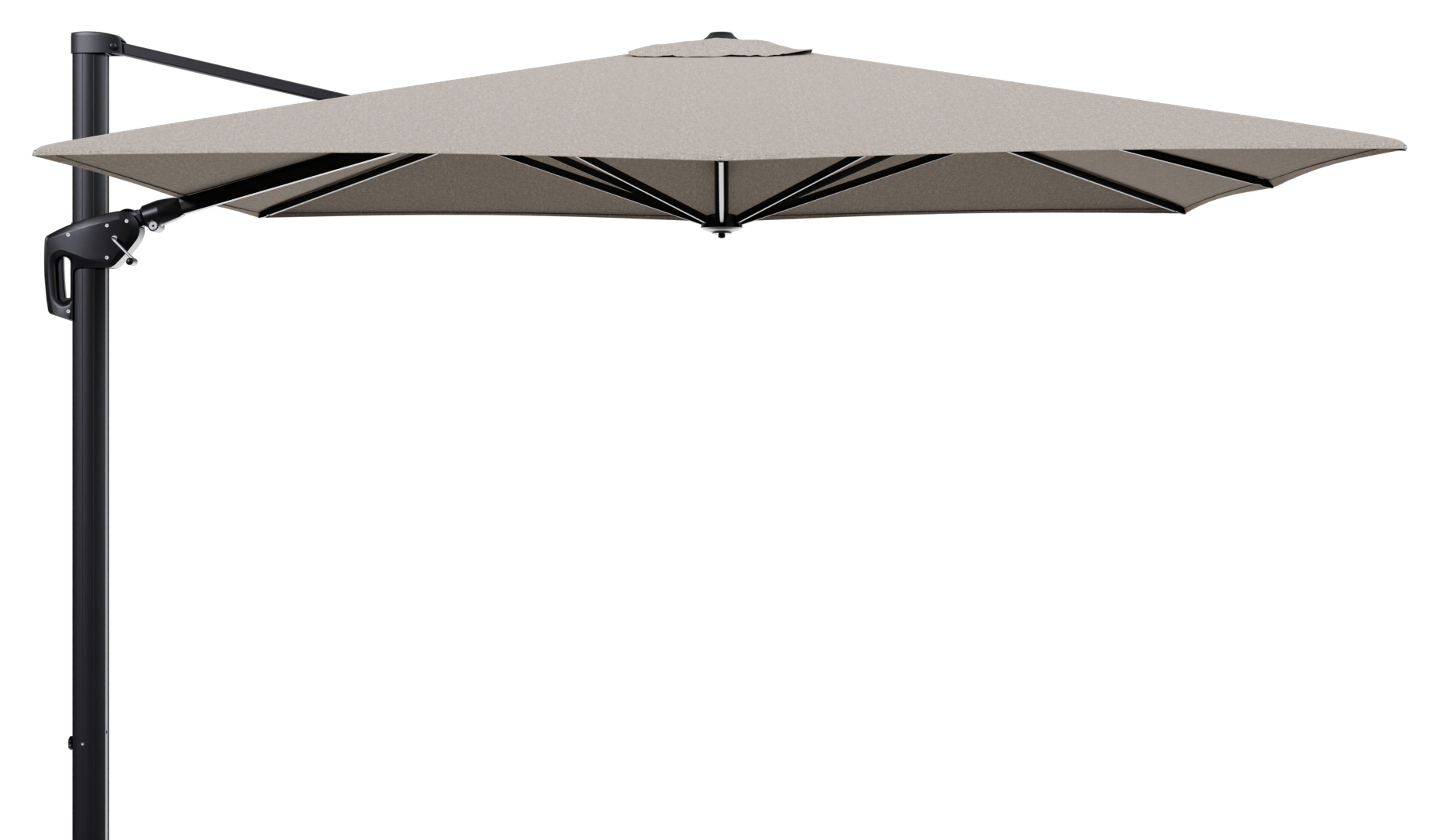 Parasol pendant Minore avec fonction tilt en aluminium noir et toile de parasol en All Weather Sunbrella® Luxe Chartres Pewter  - Lg.1: 280 x Lg.2: 370 cm (sans pied de parasol
