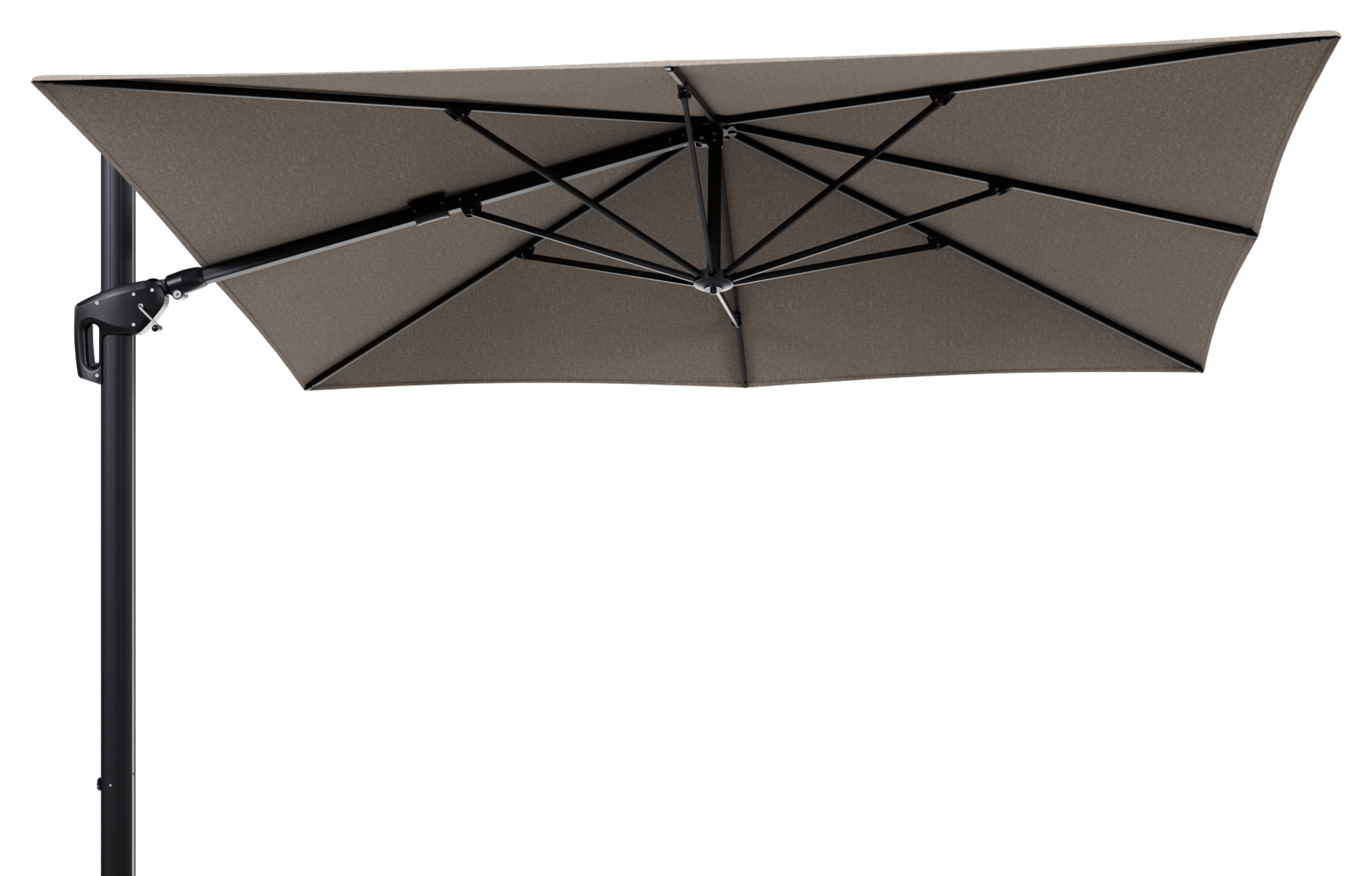 Parasol pendant Minore avec fonction tilt en aluminium noir et toile de parasol en All Weather Sunbrella® Luxe Chartres Pewter  - Lg.1: 280 x Lg.2: 370 cm (sans pied de parasol