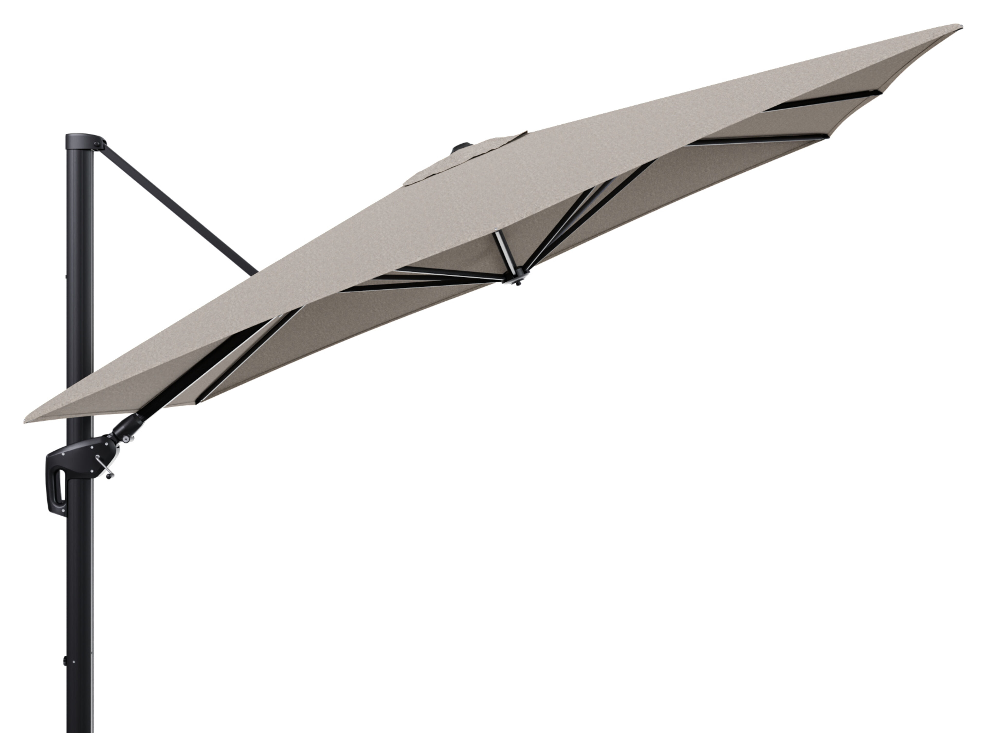 Parasol pendant Minore avec fonction tilt en aluminium noir et toile de parasol en All Weather Sunbrella® Luxe Chartres Pewter  - Lg.1: 280 x Lg.2: 370 cm (sans pied de parasol