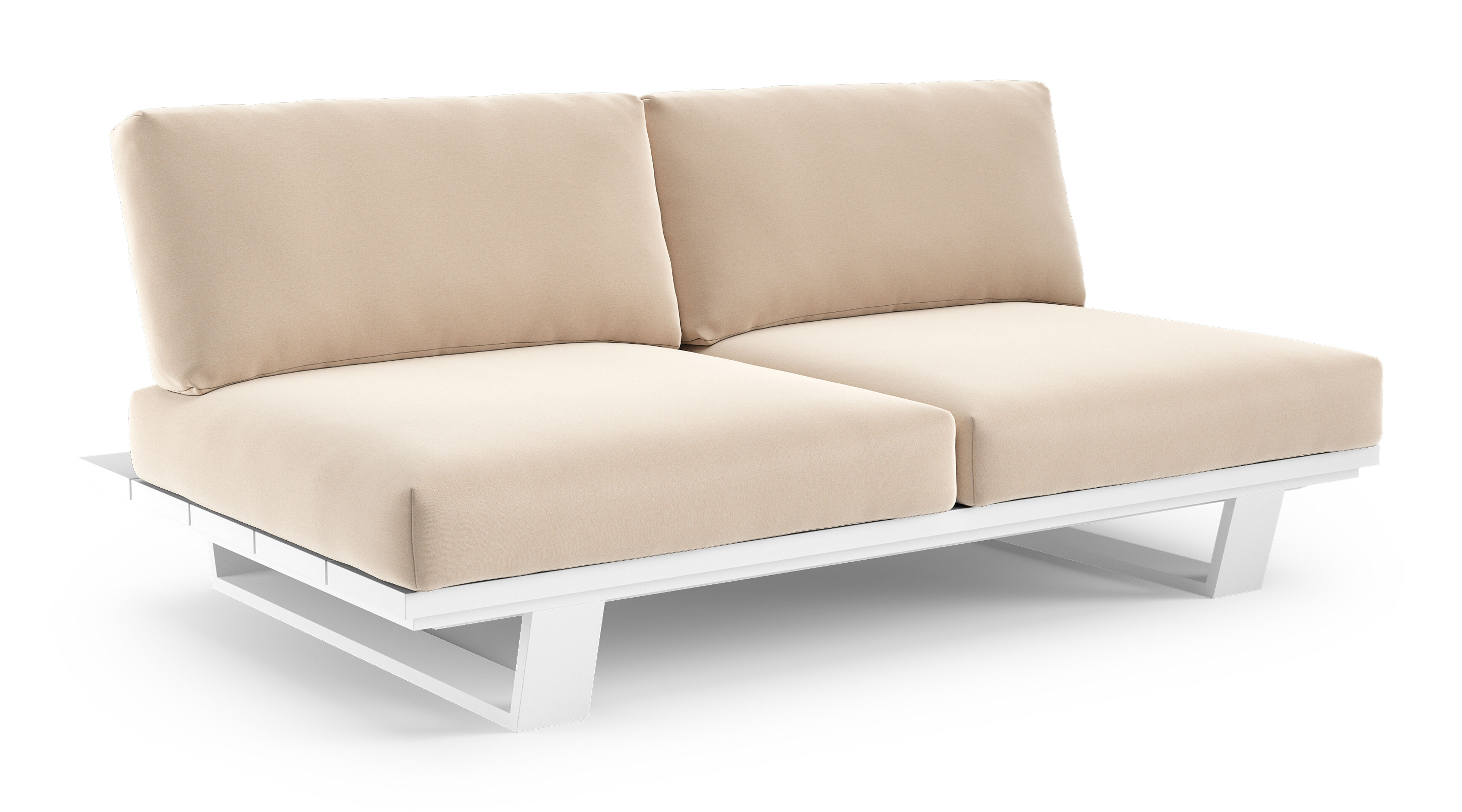 Canapé de jardin Pagino en aluminium blanc et coussins en all weather sunbrella® luxe natte linen chalk