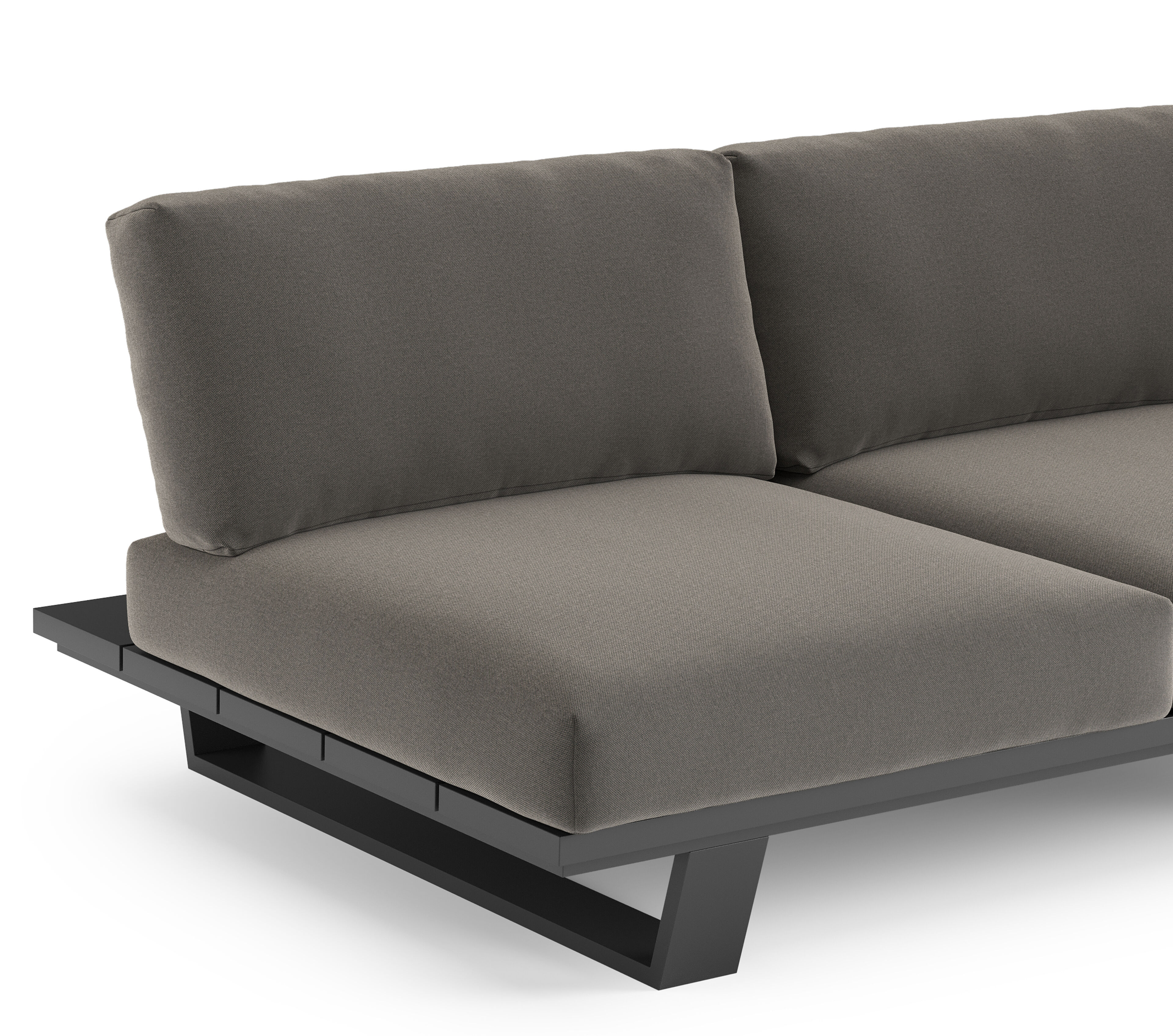 Canapé de jardin Pagino en aluminium noir et coussins en all weather sunbrella® luxe natte dark taupe