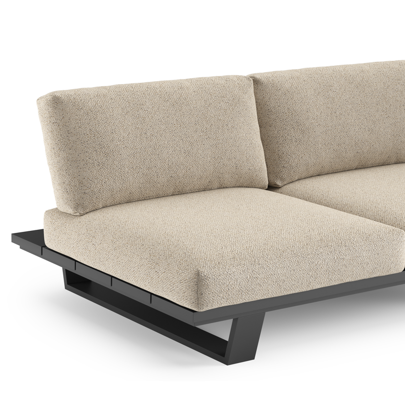 Canapé de jardin Pagino en aluminium noir et coussins en all weather cosytica bora desert