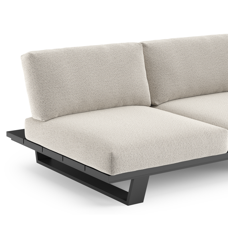 Canapé de jardin Pagino en aluminium noir et coussins en all weather solica firenze natural