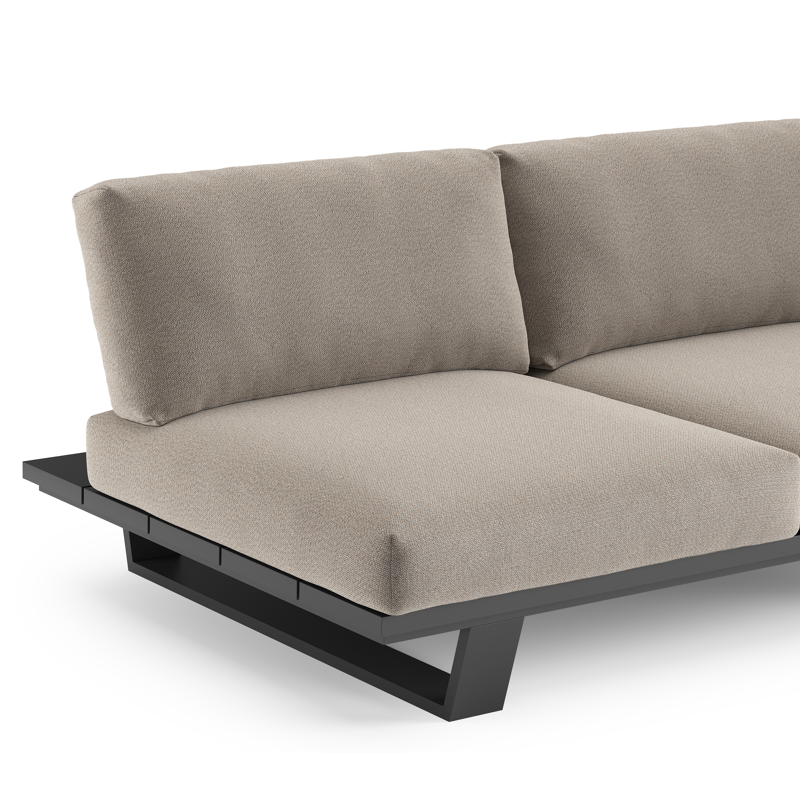 Canapé de jardin Pagino en aluminium noir et coussins en all weather sunbrella® luxe savane coconut
