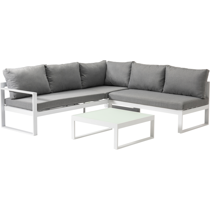 Caldela loungehoek in wit aluminium met grijs polyester kussens en loungetafel